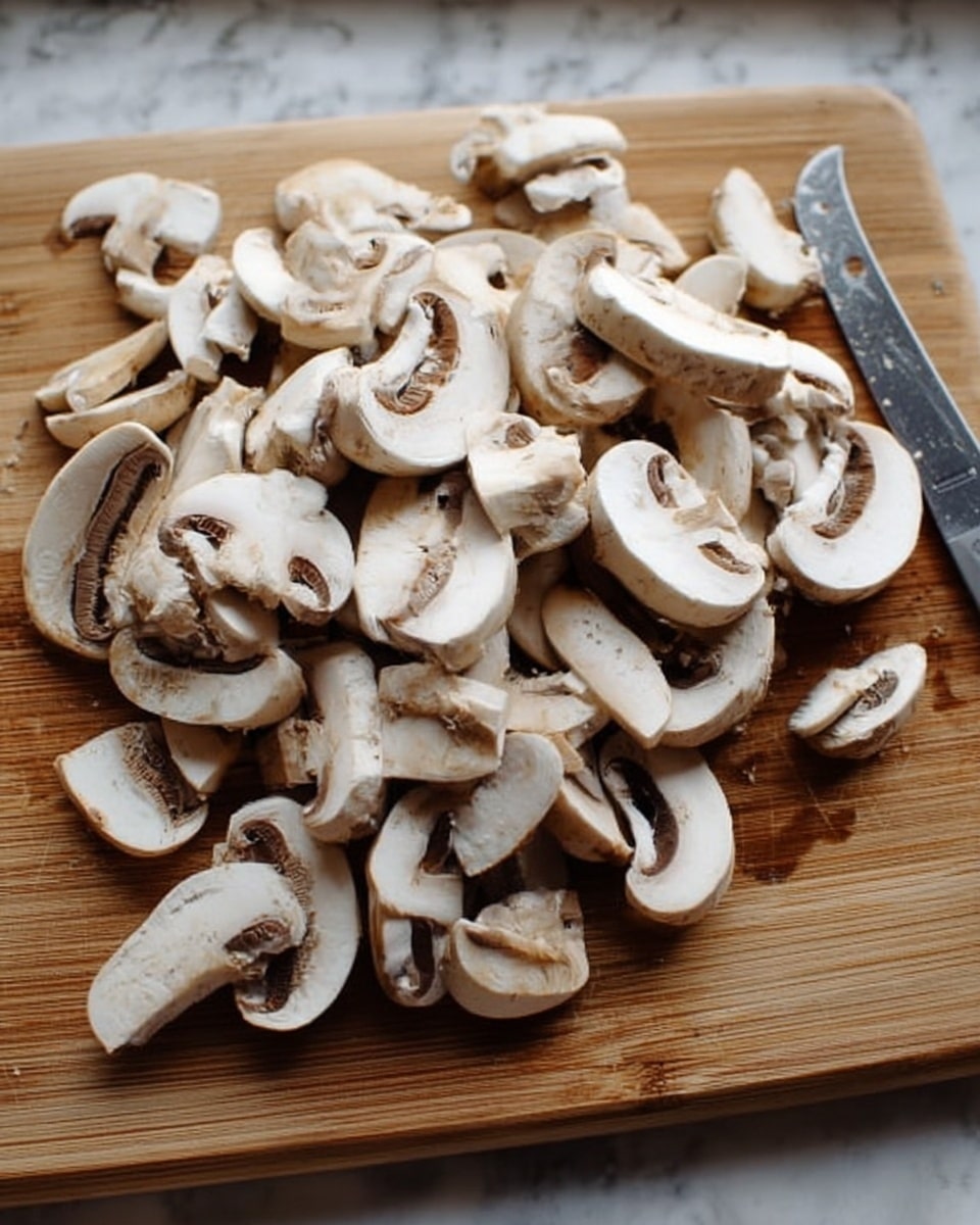 A wooden cutting board on a white marbled surface holds many slices of white mushrooms. The mushroom pieces vary in size and thickness, with some showing the curved outer cap, and others displaying the gills inside. A small silver knife lies on the right side of the board. No other objects are visible in the image. Photo taken with an iphone --ar 4:5 --v 7