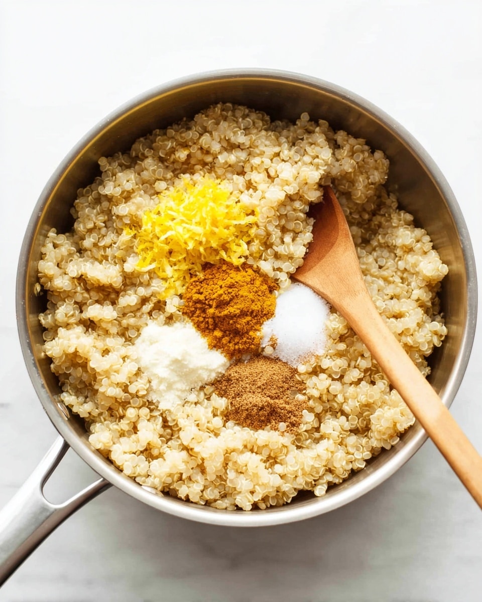 A metal pot filled with cooked quinoa forms the base layer, light beige and fluffy with small round grains. On top of the quinoa, there are four separate small piles of ingredients: bright yellow lemon zest, light brown turmeric powder, white salt, and a dollop of white coconut oil. A wooden spoon is resting inside the pot on the right side. The pot sits on a white marbled surface, creating a clean and bright background photo taken with an iphone --ar 4:5 --v 7