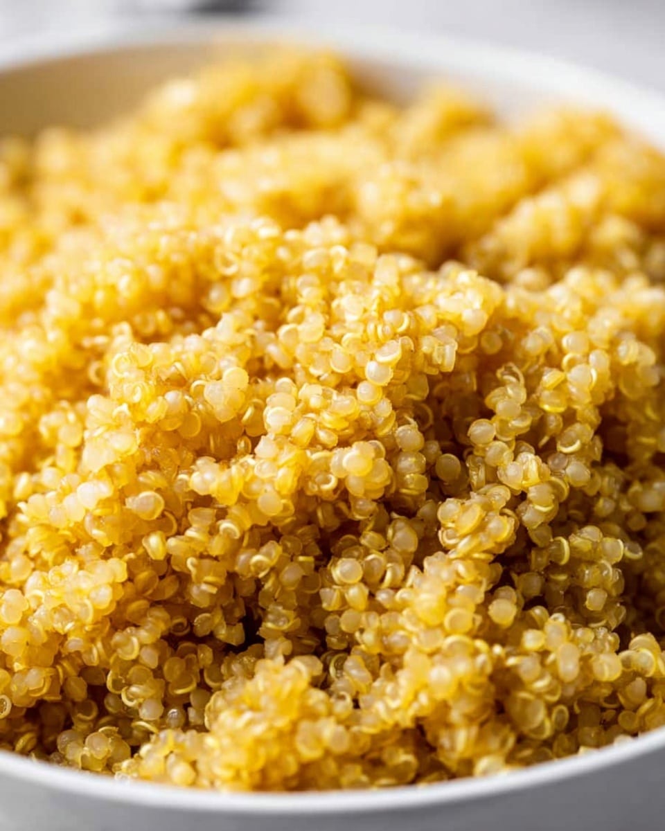 This close-up image shows a bowl full of cooked quinoa. The quinoa grains are small and round, with a bright yellow color and slightly translucent look. The grains are piled and fluffy, filling the white bowl almost to the top. The texture looks soft but slightly firm, showing the tiny curled tails of the quinoa. The background is a white marbled surface, softly blurred, putting focus on the warm, golden quinoa inside the bowl. photo taken with an iphone --ar 4:5 --v 7