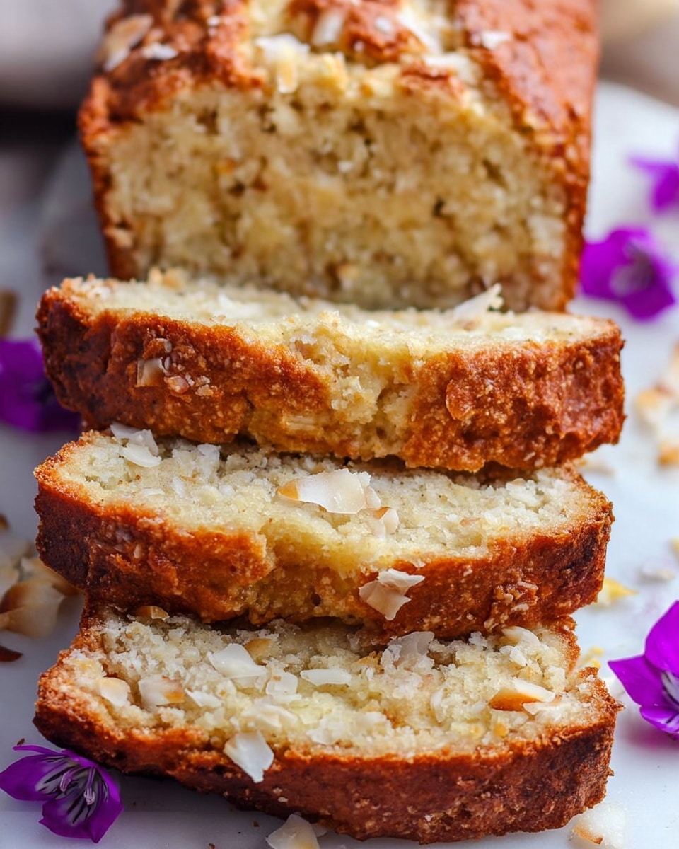 A close-up view of a loaf of bread with a golden brown crust, sliced into four thick pieces stacked slightly on top of each other on a white marbled surface. The bread inside is light tan with a soft, crumbly texture and visible white coconut flakes mixed throughout each slice. There are a few purple flower petals scattered around the loaf, adding a splash of color to the scene. photo taken with an iphone --ar 4:5 --v 7
