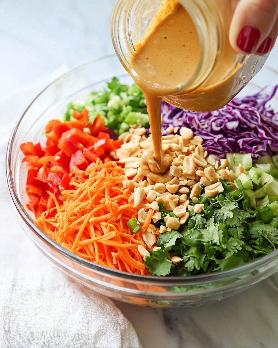 In a clear glass bowl, there are six colorful layers arranged side by side: shredded orange carrots, bright green chopped green onions, red sliced bell peppers, fresh green chopped cilantro, chopped light brown peanuts, and shredded purple cabbage. A woman's hand with red nail polish is pouring a smooth tan sauce from a small glass jar onto the peanuts. The bowl sits on a white marbled surface with a white cloth nearby. photo taken with an iphone --ar 4:5 --v 7