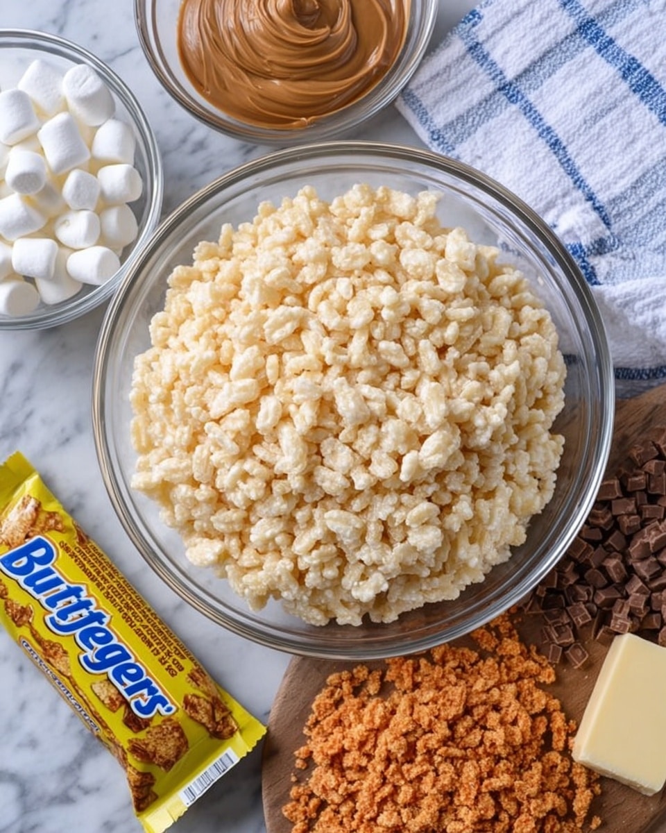 The image shows a clear glass bowl filled with pale yellow puffy rice cereal placed in the center on a white marbled surface. Around it, there is a smaller clear bowl with white mini marshmallows on the bottom left, a small bowl containing smooth light brown peanut butter near the top left, a Butterfinger candy bar in bright yellow wrapper lies below the cereal bowl, and a pile of crushed Butterfinger pieces with orange and brown colors is near the bottom right. A small piece of butter is placed to the right side near the crushed candy. A white cloth with blue stripes is in the top right corner. photo taken with an iphone --ar 4:5 --v 7
