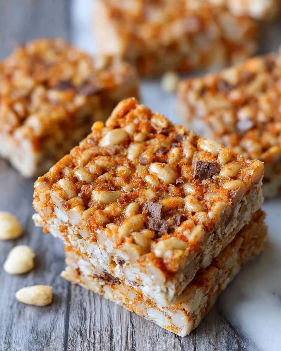 The image shows a close-up of a square snack bar with three visible layers. The base layer is light beige and appears crispy with small puffed rice pieces. The middle layer has a mix of orange and brown crumbs scattered unevenly, giving a rough texture. Small dark brown chunks are embedded throughout the bar, adding contrast. The top layer repeats the crumbly orange and brown bits, creating a textured, crunchy look. The bar rests on a white marbled surface with blurred parts of similar bars in the background. Small puffed rice pieces are scattered near the bars. Photo taken with an iphone --ar 4:5 --v 7
