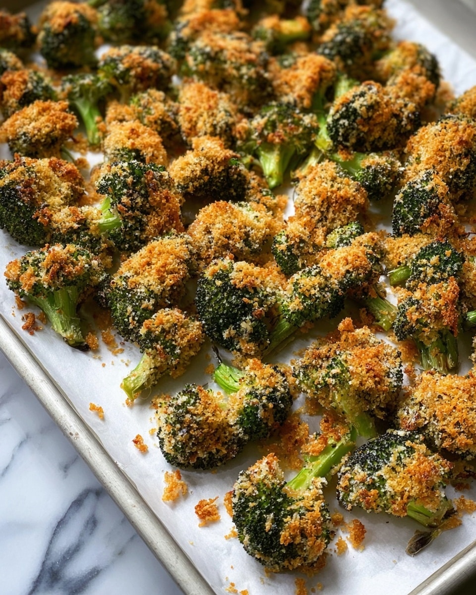 The image shows a baking tray lined with white parchment paper filled with many small broccoli pieces coated in a golden-brown crumb topping. Each broccoli floret has a green stem with a textured, crunchy layer of toasted breadcrumbs and melted cheese covering the tops and sides. The crumb coating varies slightly in color from light golden to deeper brown, giving a crispy and delicious look. Some crumb bits are scattered around the florets on the paper, adding to the roasted appeal. The background features a white marbled surface. Photo taken with an iphone --ar 4:5 --v 7