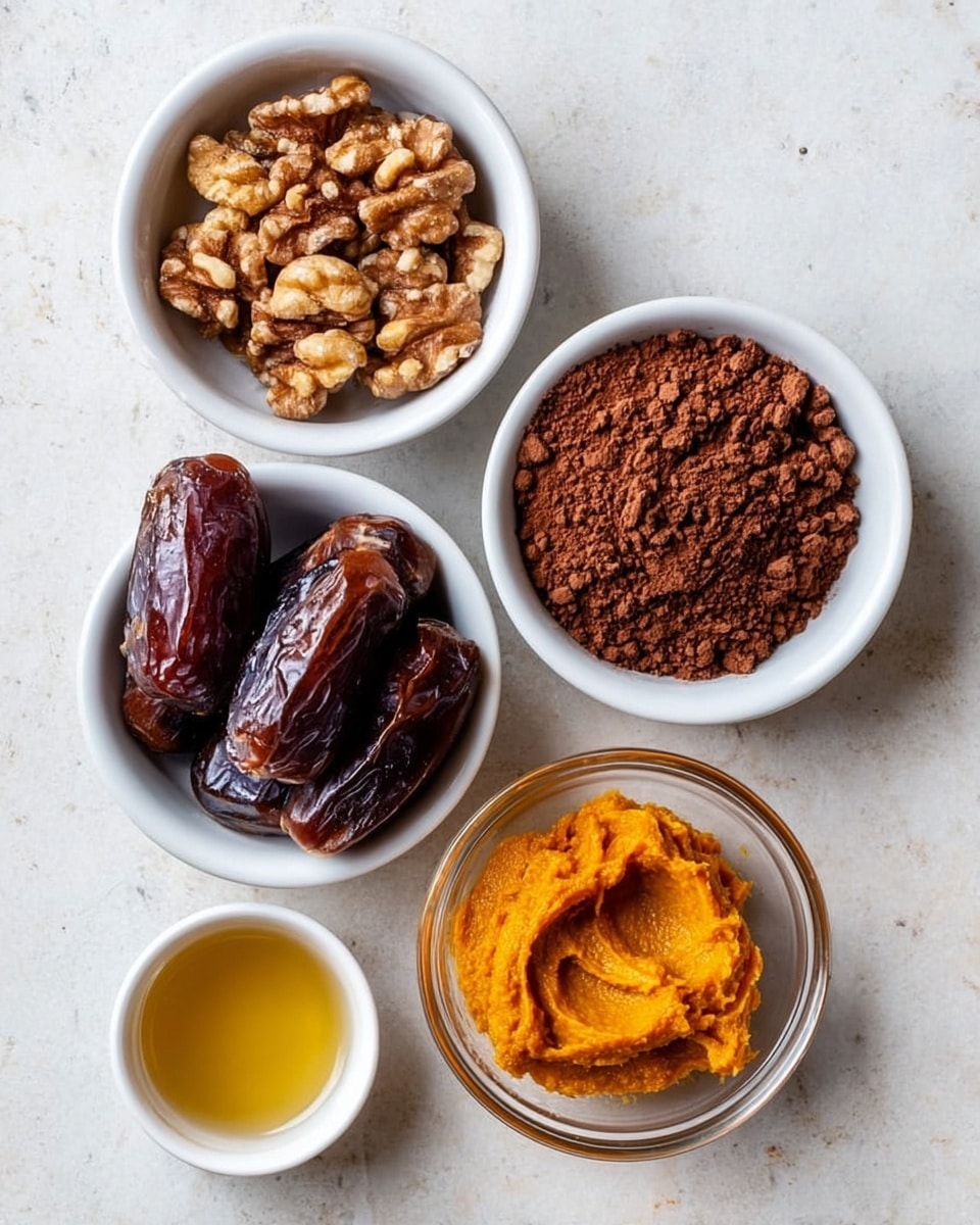 The image shows five small white bowls arranged on a white marbled surface. In the top left bowl, there are light brown walnut pieces with a rough texture. To the right of it, a bowl is filled with fine, dark brown cocoa powder that looks soft and dry. Below the cocoa, a bowl contains large, shiny dates that are dark reddish-brown and smooth. At the bottom right, a clear bowl holds bright orange pumpkin puree with a creamy, thick texture. Finally, in the bottom left, a small white bowl contains a pale golden liquid that looks smooth and glossy. Photo taken with an iphone --ar 4:5 --v 7
