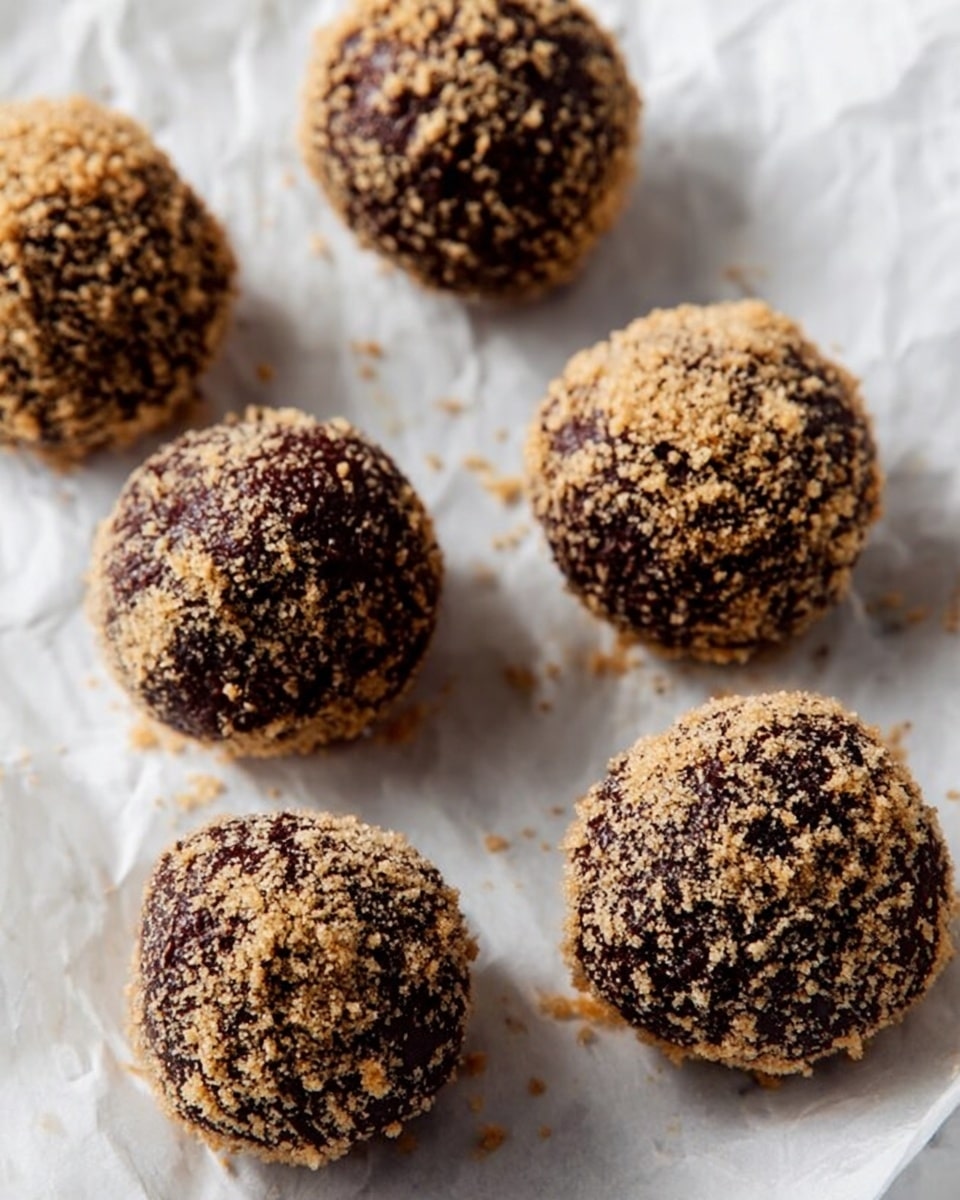 This image shows six round chocolate balls covered with light brown crumbs. The balls are dark brown and have a rough texture because of the crumb coating. They are placed on a wrinkled white paper that is spread over a white marbled surface. The balls are evenly spaced, and the lighting highlights their crumbly texture and rich dark color. photo taken with an iphone --ar 4:5 --v 7