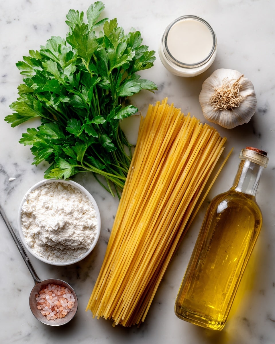 The image shows cooking ingredients arranged on a white marbled surface. There is a bunch of green parsley leaves on the top left and scattered around the edges. A glass of creamy oat milk is placed near the center left. To its right, there is a bundle of pale yellow pasta strands lying flat and parallel. Above the pasta, a whole white garlic bulb with its peeled cloves is placed. A tall transparent bottle filled with golden olive oil is on the right side next to the pasta. At the bottom left, there is a metal measuring spoon filled with white corn starch, and next to it, a small white bowl contains pink salt. The scene is bright and clear. Photo taken with an iphone --ar 4:5 --v 7