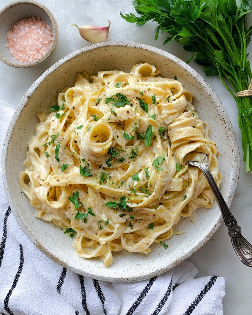 A white speckled bowl filled with creamy fettuccine pasta layered thickly in a pale yellow sauce with a smooth texture, scattered with small chopped green parsley leaves on top. In the center, a silver fork is twisted with noodles lifting slightly from the bowl. The bowl is placed on a white marbled surface, next to a small white bowl of pink salt, a cluster of fresh parsley leaves, and a whole garlic bulb. A white cloth with black stripes is partially visible under the bowl on one side. photo taken with an iphone --ar 4:5 --v 7
