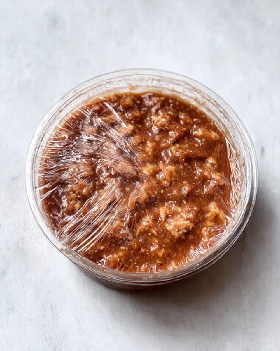 A clear round glass bowl filled with a thick brown sauce mixed with small pieces of light brown food inside. The bowl is covered with clear plastic wrap stretched tightly over the top. The bowl sits on a white marbled surface. photo taken with an iphone --ar 4:5 --v 7