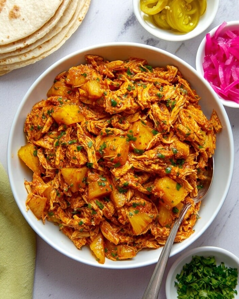 A white shallow bowl filled with a thick layer of cooked shredded chicken mixed with chunks of yellow pineapple, all coated in a reddish-orange sauce with green herb bits on top, giving a warm and textured look. A silver spoon rests on the right side inside the bowl. Around the bowl on a white marbled surface, there are small white bowls with bright pink pickled onions, yellow pickled peppers, and chopped green herbs. On the left edge, there is a stack of white tortillas slightly visible. photo taken with an iphone --ar 4:5 --v 7