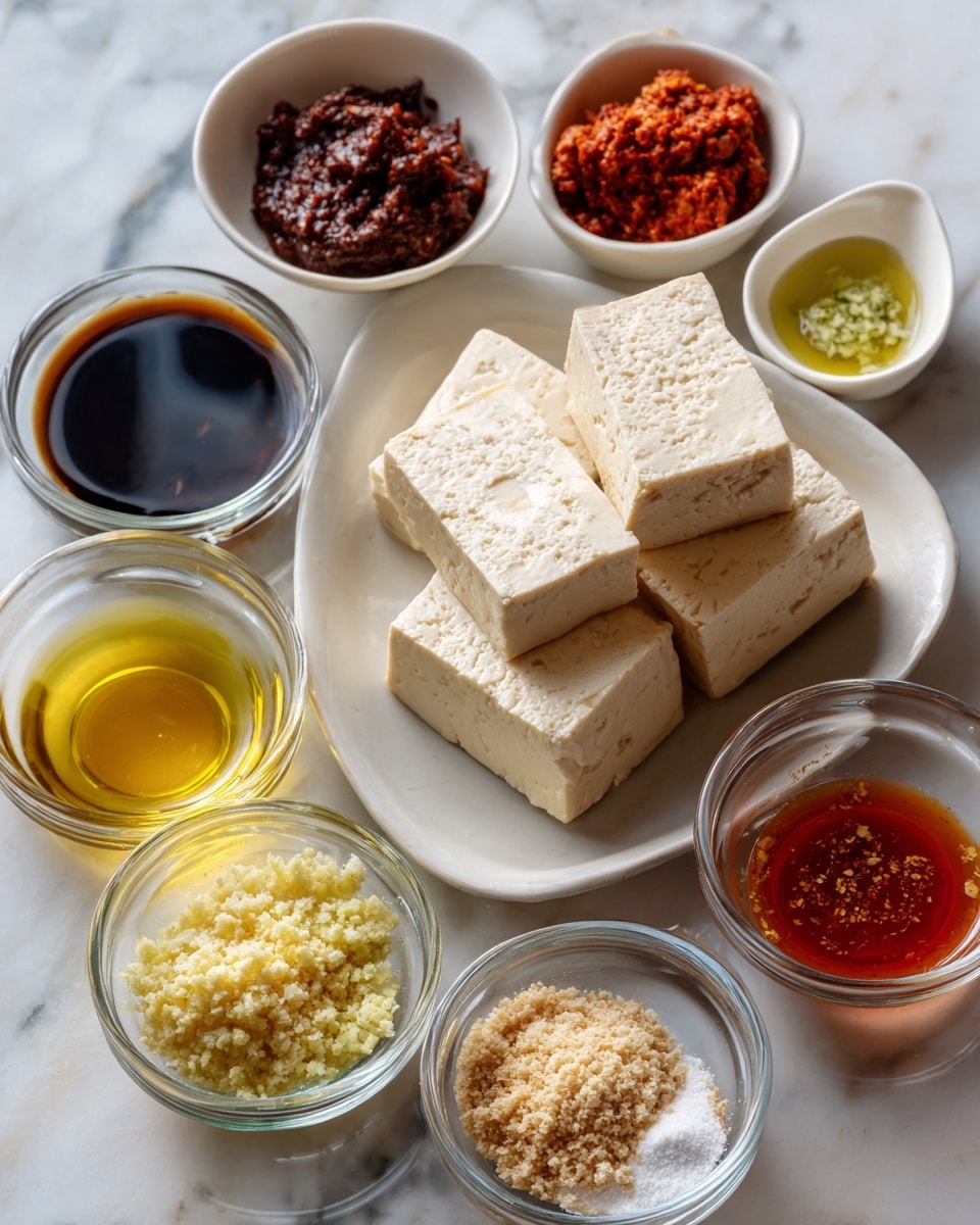 The image shows several small clear glass bowls each filled with different cooking ingredients arranged on a white marbled surface. Two large rectangular blocks of pale beige tofu sit in the center on a white plate. Surrounding the plate are bowls containing a thick dark red paste (gochujang), a dark brown liquid (soy sauce/tamari), a golden yellow liquid (honey), a light olive green liquid (veggie broth), a clear pale liquid (vinegar), a bright red paste (tomato paste), a reddish orange liquid (sesame oil), grated yellow ginger and minced garlic mixed in one bowl, white powder (cornstarch), and light brown breadcrumbs. Each bowl is neatly spaced, showing a variety of textures from smooth liquids to powders and thick pastes, all set on a clean white marbled surface. Photo taken with an iphone --ar 4:5 --v 7