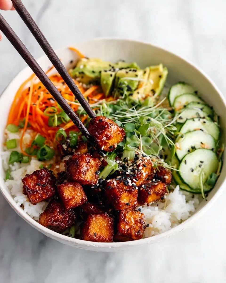 A white bowl filled with a base layer of soft white rice topped with small cubes of crispy, browned tofu sprinkled with black sesame seeds. Around the tofu, there are thin, curved slices of light green cucumber, thin orange carrot ribbons, diced green avocado, and green microgreens, all arranged neatly. A woman's hand using dark wooden chopsticks is holding a cube of tofu above the bowl. The bowl sits on a white marbled surface. photo taken with an iphone --ar 4:5 --v 7