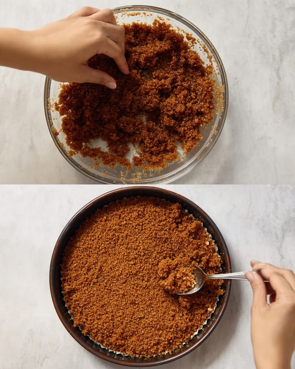 The image shows a two-step process of making the base of a dessert in a round baking pan with a dark rim. In the first step, a woman’s hand is pressing down a mixture of brown crumbly crumbs into the pan, with some crumbs still in a clear glass bowl held by another woman’s hand. The crumbs are medium brown and look dry and coarse. In the second step, a woman’s hand holds a metal spoon, smoothing the pressed crumbs evenly across the pan, creating a flat and compact layer. The pan sits on a white marbled surface, providing a clean background. photo taken with an iphone --ar 4:5 --v 7