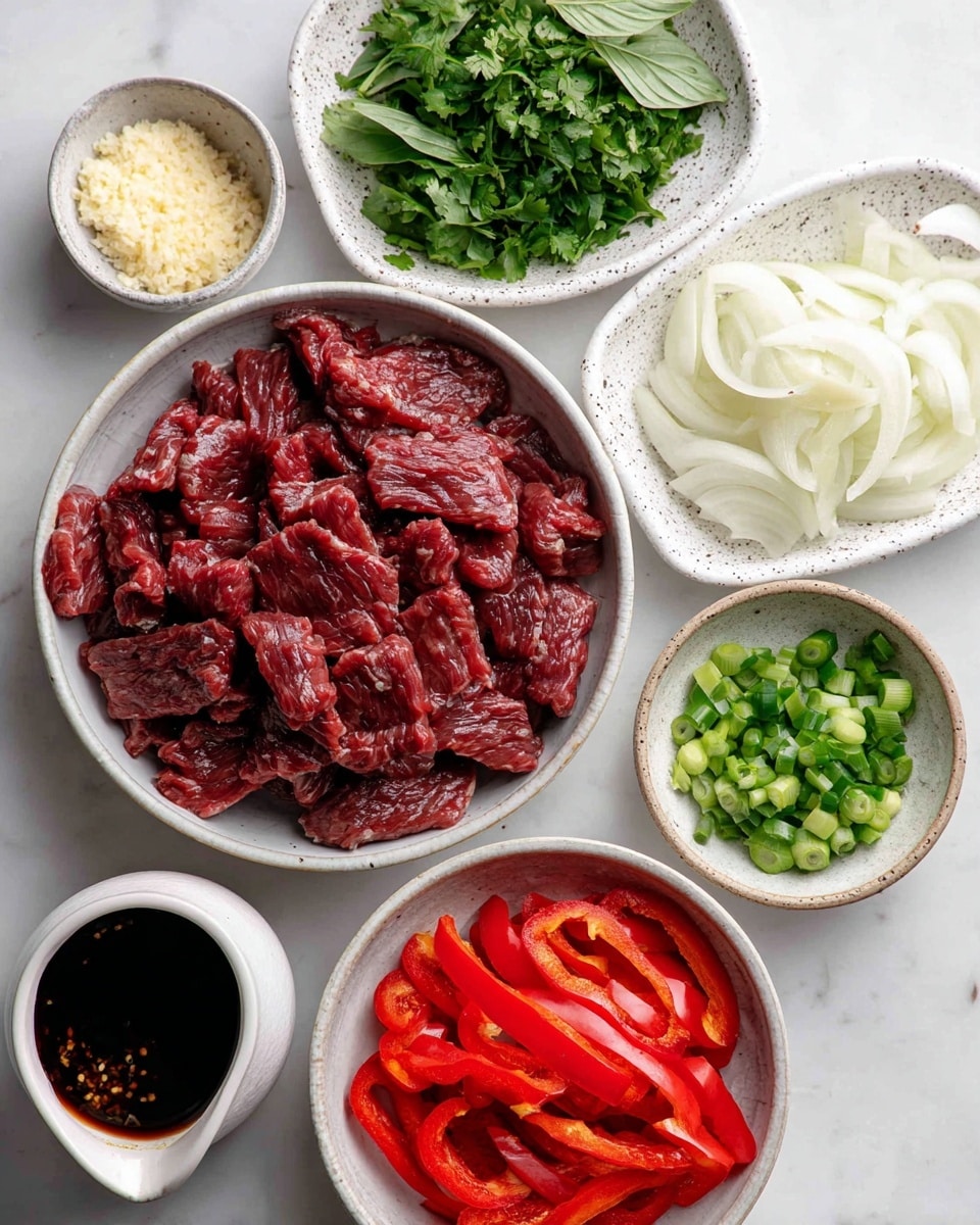 The image shows seven dishes arranged on a white marbled surface. At the center is a bowl filled with strips of raw skirt steak that are deep red with some white fat. To the top right, fresh green basil leaves lie in a white speckled oval dish. Below the basil, a white bowl holds sliced white onions with a smooth texture. Near the bottom center is a white bowl with chopped green onions, bright and fresh. At the bottom left, a small white pitcher contains dark brown coconut aminos fish sauce. To the left, a bowl holds red bell pepper strips that are vibrant red and glossy. Above the red peppers, there is a small rounded bowl with chopped cilantro, deep green and leafy. Above the cilantro, a small dark bowl holds crushed garlic, creamy yellow-white in color. All dishes sit neatly spaced on the white marbled background. Photo taken with an iphone --ar 4:5 --v 7