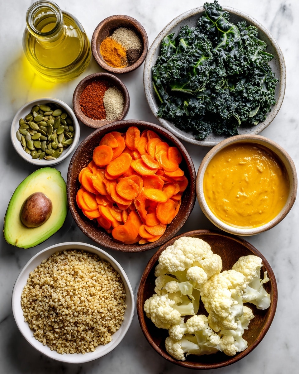 The image shows an overhead view of various fresh ingredients arranged on a white marbled surface. In the center right, there is a white bowl filled with light orange tahini sauce. Below it, a round dark brown bowl is half-filled with bright orange sliced carrots on the left side and white cauliflower florets on the right side. To the left of this bowl are two avocado halves, one showing the green flesh and the other with the pit visible. Above the avocados is a small brown bowl containing various ground spices in brown, red, white, and beige colors. To the right of the spices, a white small bowl holds green pumpkin seeds. On the bottom left, a white bowl is filled with uncooked beige quinoa grains. Above the quinoa is a tan bowl filled with dark green kale leaves. Near the top left, a round glass bottle filled with golden yellow olive oil is shown with the top open. Everything is neatly arranged with bright natural light illuminating the textures. photo taken with an iphone --ar 4:5 --v 7