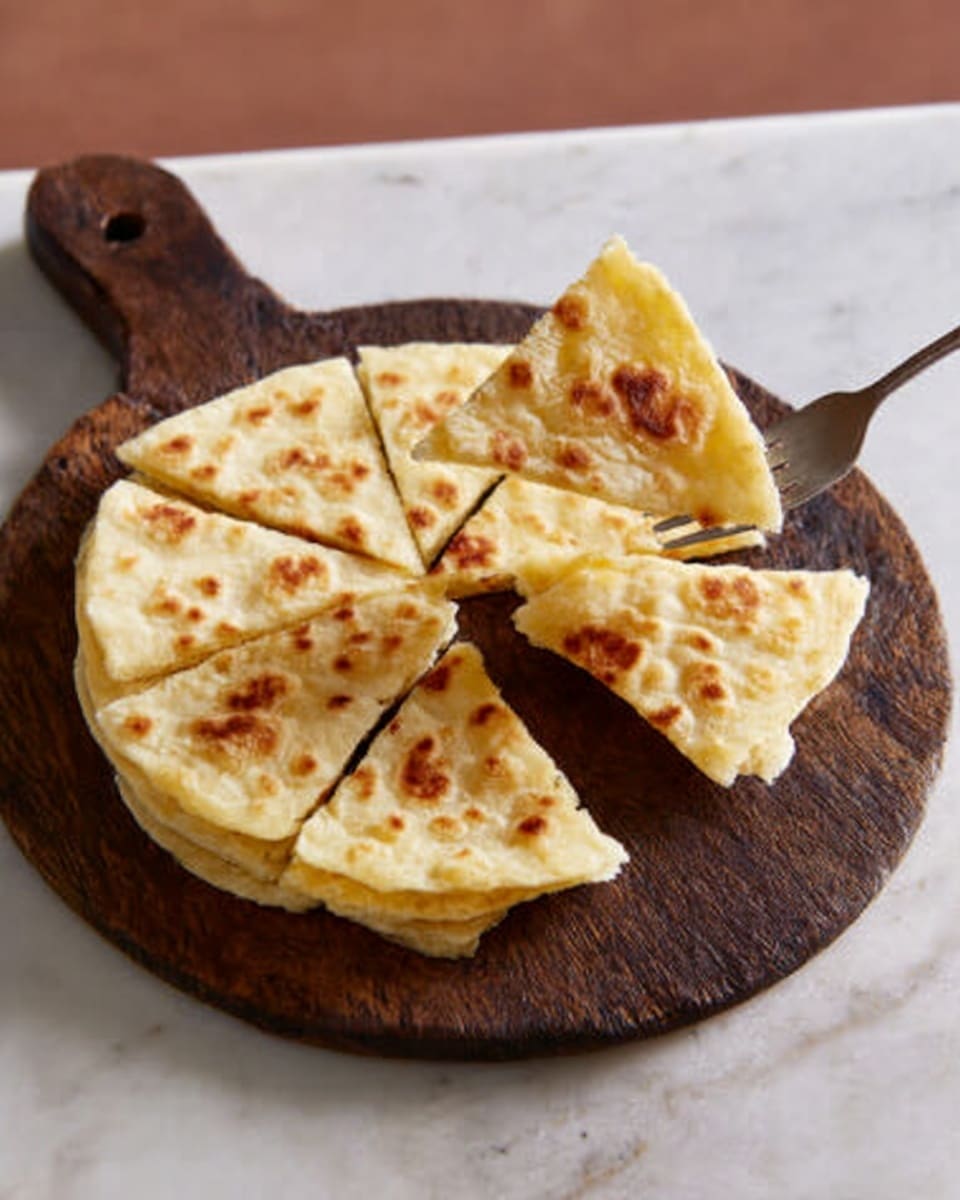 A round flatbread is placed on a small dark wooden board with a handle, set on a white marbled surface. The flatbread is light golden with some darker toasted spots and soft texture, divided into four triangular pieces. A metal fork held by a woman's hand is lifting one piece gently. The scene has soft natural lighting, showing detail in the flatbread's surface and the wood grain of the board. photo taken with an iphone --ar 4:5 --v 7