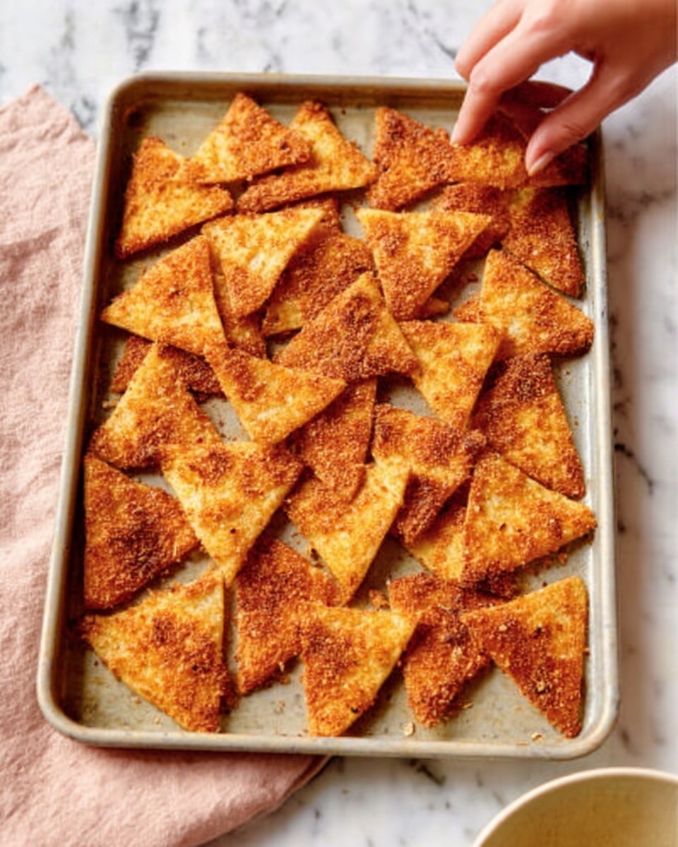The image shows a baking tray filled with golden brown, crispy tortilla chips arranged neatly in rows. The chips are triangular with rough, crumbly textures on top, giving a crunchy appearance. A woman's hand is reaching from the top, about to pick one chip. The tray is placed on a white marbled surface, and part of a soft, pale pink cloth is visible in the background. photo taken with an iphone --ar 4:5 --v 7