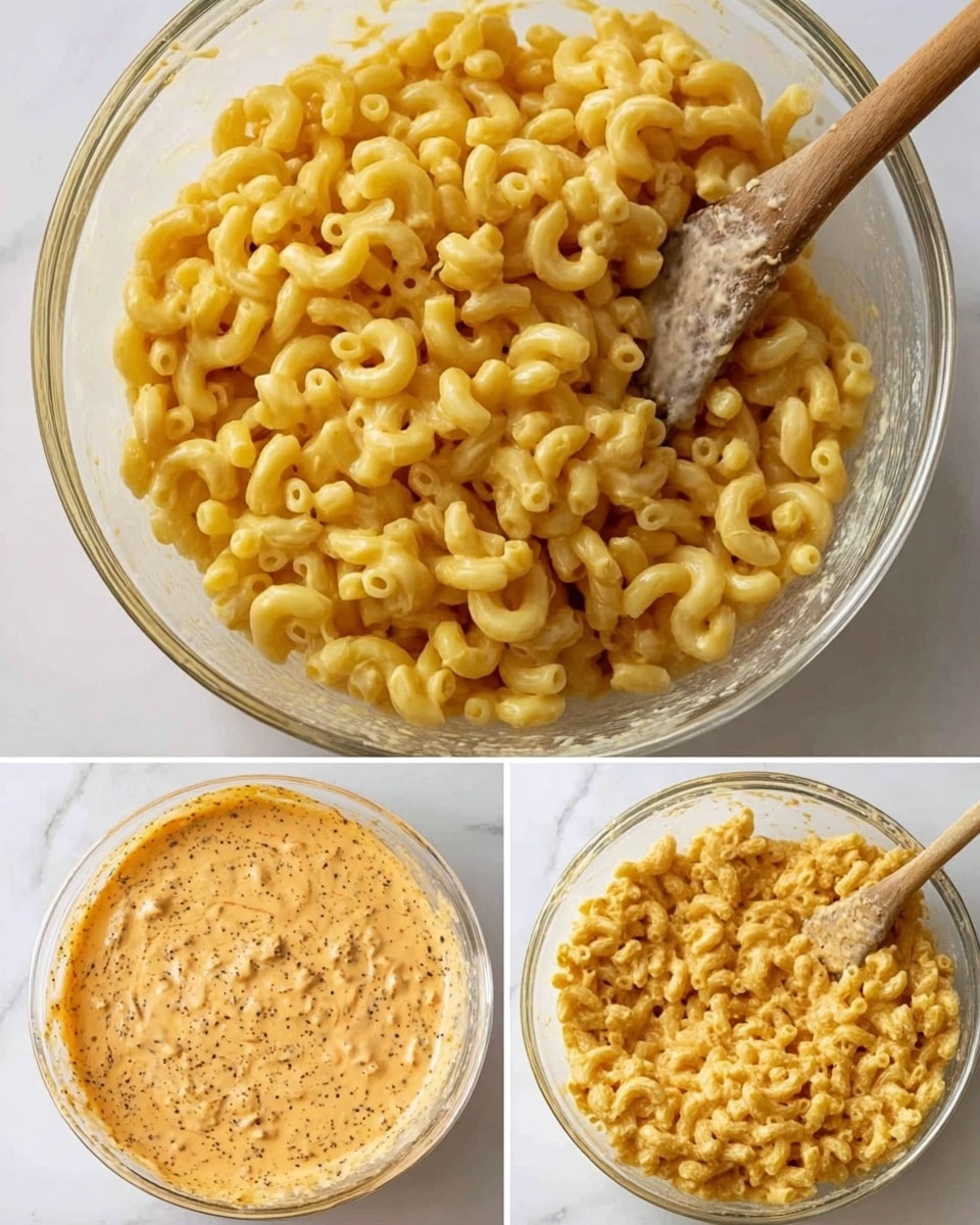 The image is divided into three parts showing the making of macaroni and cheese. The top part shows cooked yellow elbow macaroni pasta in a clear glass bowl with a wooden spoon. The bottom left part shows a creamy sauce that is orange with black specks in a clear glass bowl. The bottom right part shows the cooked macaroni mixed with the sauce, turning the pasta light orange and creamy, still with the wooden spoon in the clear bowl. All bowls are on a white marbled surface. Photo taken with an iphone --ar 4:5 --v 7