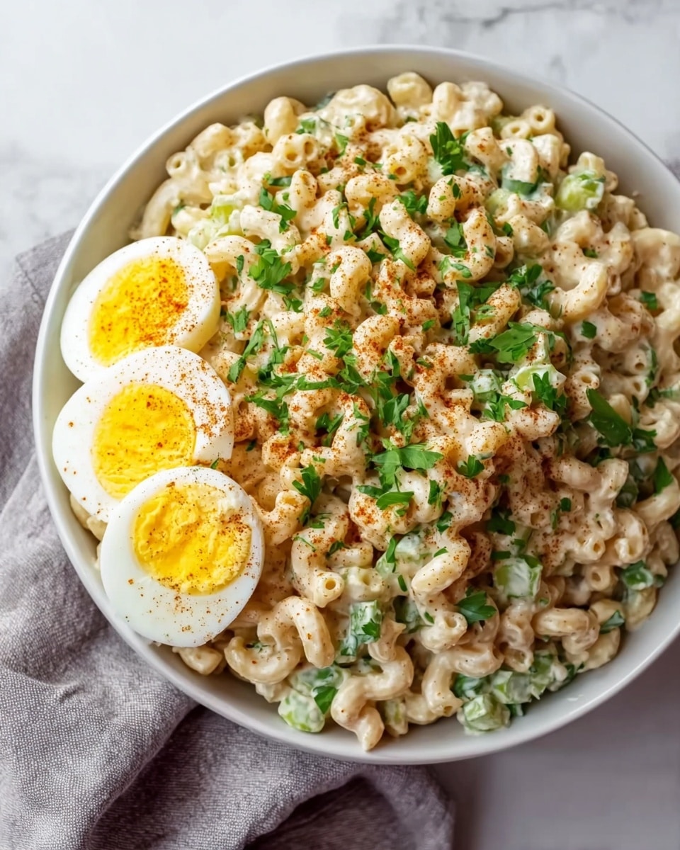 A white bowl filled with a creamy macaroni salad made with small elbow pasta, mixed with chopped green herbs, giving a speckled green look throughout. On the top left edge, three halves of a boiled egg are placed side by side, showing bright yellow yolks sprinkled lightly with paprika or a similar red spice. The bowl sits on a white marbled surface with a soft gray cloth draped partially beneath it. The overall look is fresh and inviting, with creamy textures and pops of yellow and green. photo taken with an iphone --ar 4:5 --v 7