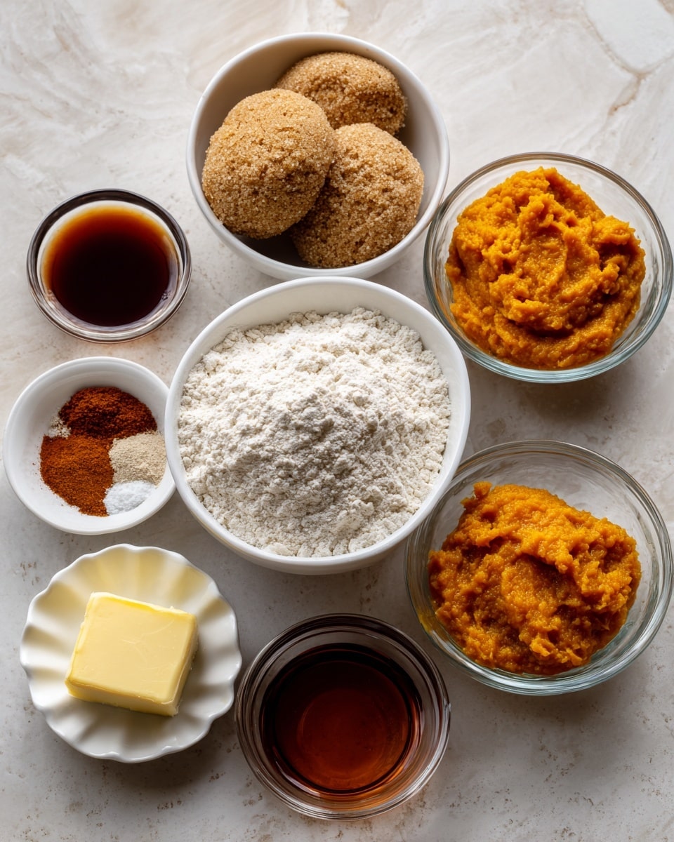 The image shows seven small white bowls and clear glass bowls arranged on a white marbled surface. In the top center, there is a white bowl with two rounded scoops of brown sugar, which has a light brown color and crumbly texture. To the left is a small clear glass bowl with a thick, dark brown liquid labeled molasses. Below the brown sugar, a larger white bowl stands filled with a heap of white all-purpose flour that looks powdery and soft. To the right of the flour, a clear glass bowl contains smooth, bright orange pumpkin puree. Below the pumpkin, a small clear glass bowl has dark amber vanilla extract. Below and slightly left of the flour, a scalloped white bowl holds smooth, yellow vegan butter. To the lower left of the vegan butter, a clear glass bowl contains blended dry spices in reddish-brown and white shades, along with some white baking soda powder. The whole setting is neat and clean with a soft, natural light shining from above. photo taken with an iphone --ar 4:5 --v 7