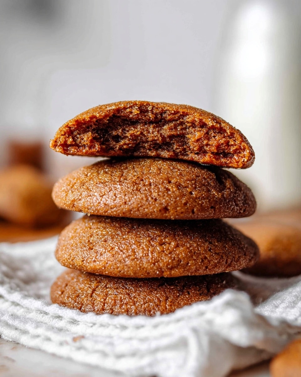 A stack of four soft, brown cookies is placed on a folded white cloth with a white marbled surface underneath. The top cookie is broken in half, showing a moist and dense inside with a slightly crumbly texture. The cookies have a smooth, slightly shiny surface and are thick and round. The background is blurred and mostly white, with a hint of a blurred white jar on the right side. The photo is focused on highlighting the cookies, making them look warm and fresh. Photo taken with an iphone --ar 4:5 --v 7