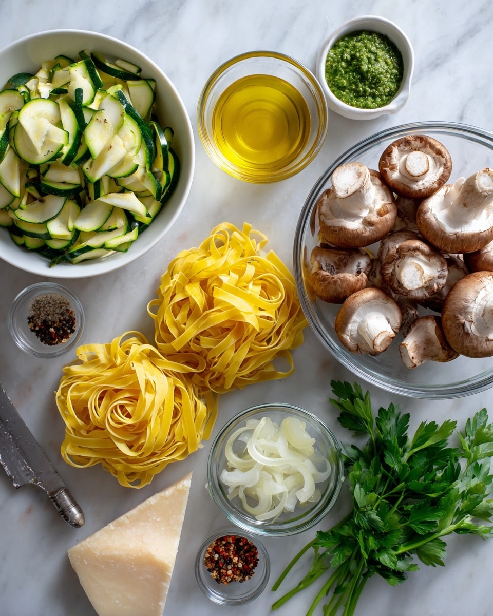 The image shows ingredients for a pasta dish arranged on a white marbled surface. There is a white bowl filled with sliced green zucchini on the left. Near the center, two small nests of yellow tagliatelle pasta sit side by side. On the right, a clear glass bowl holds brown mushrooms with white stems. Fresh green parsley leaves are placed next to the mushrooms. A clear glass container with yellow olive oil is above the pasta. Below the pasta, small clear bowls contain sliced white onions and green pesto sauce. A piece of hard parmesan cheese with a knife rests on the left side. A small white dish contains salt, black pepper, and red pepper flakes all together. photo taken with an iphone --ar 4:5 --v 7