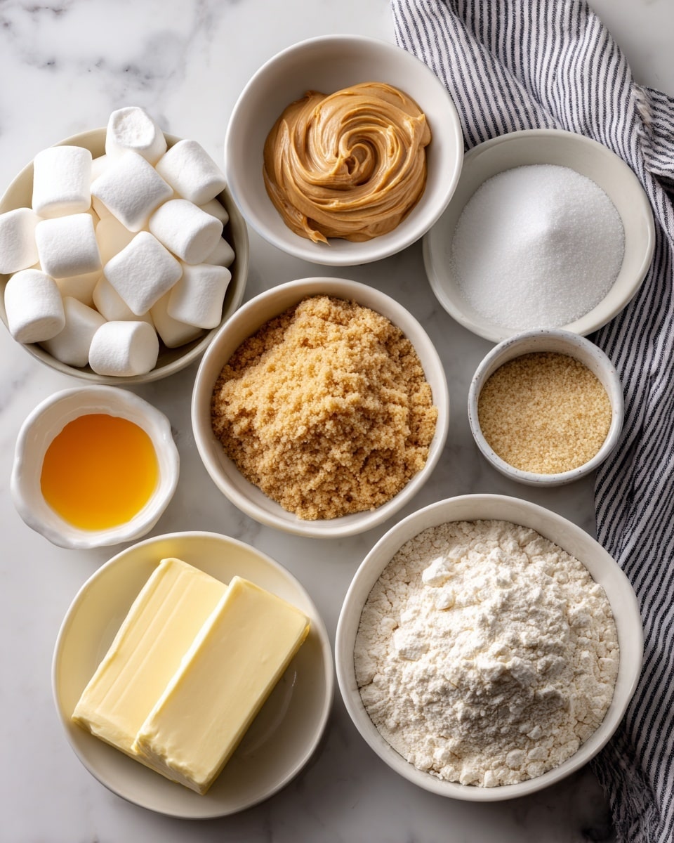 The image shows ten small white bowls arranged neatly on a white marbled surface. Each bowl contains a different baking ingredient: the top bowl is filled with white marshmallows; below it to the left is a bowl with creamy peanut butter in light brown color; next to it on the right is a bowl filled with white granulated sugar. To the right of that is a tiny bowl with a pinch of salt and baking soda mixture in a light beige color. Below the sugar bowl is a white bowl with golden brown sugar, textured like small clumps. To its left is a bowl with two rectangular blocks of vegan butter, creamy white in color. Underneath these ingredients is a bowl of white all-purpose flour with a powdery texture. A small white dish on the left holds an orange-yellow vanilla egg yolk mix. To the right of the butter and sugar is a small bowl with flax eggs, appearing as a light brown liquid mixture. A striped gray and white cloth is partially visible on the top right side of the image. photo taken with an iphone --ar 4:5 --v 7