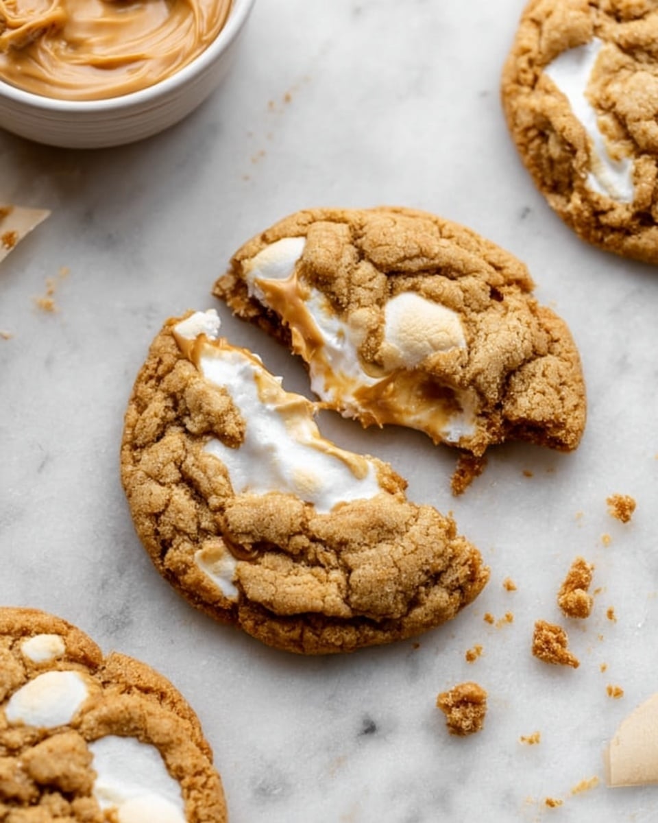 A close-up of a soft cookie with a slightly cracked surface showing a top layer filled with melted white marshmallow bits embedded in the light brown dough. The cookie’s texture looks chewy with a rough, uneven surface. It is placed on white parchment paper on a white marbled surface with a few similar cookies blurred in the background. The warm tones of the cookie contrast with the bright white marshmallow spots. photo taken with an iphone --ar 4:5 --v 7