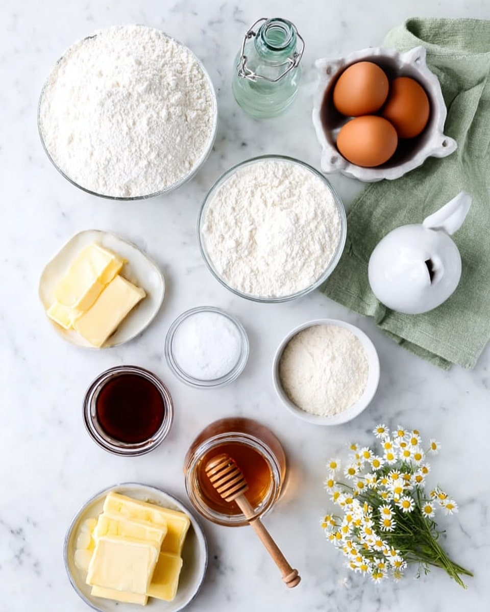 The image shows a top-down view of various baking ingredients neatly arranged on a white marbled surface. There are two clear bowls filled with white flour and powdered sugar placed at the top left and bottom right corners. A white bowl with granulated sugar is in the middle left. Two brown eggs sit in a white ceramic holder near the top right, next to a light green cloth. A small glass bottle with a metal clasp contains water at the far left. A small white bowl holds a pinch of salt, and another small white bowl contains baking powder. A small white bowl with a dark brown liquid, likely vanilla extract, is near the center. A glass jar filled with honey and a wooden honey dipper stands below it. Three slices of butter lie at the bottom left. A small bunch of chamomile flowers with green stems and white petals is placed on the right side near the center. The arrangement is clean and bright, with natural light highlighting the textures. photo taken with an iphone --ar 4:5 --v 7