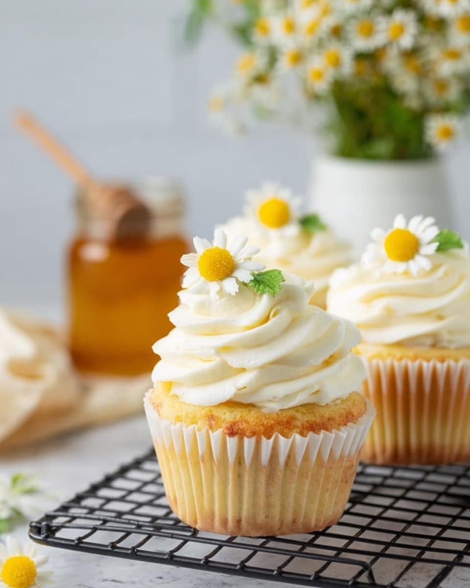The image shows three cupcakes on a black cooling rack set on a white marbled surface. Each cupcake has a single light golden yellow cake base with white paper liners. On top, there is a thick swirl of smooth white frosting, shaped like soft peaks, decorated with a small, bright yellow flower with white petals and a tiny green leaf. In the blurry background, a white vase with fresh white and yellow flowers and a jar with honey and a wooden dipper are visible. Photo taken with an iphone --ar 4:5 --v 7