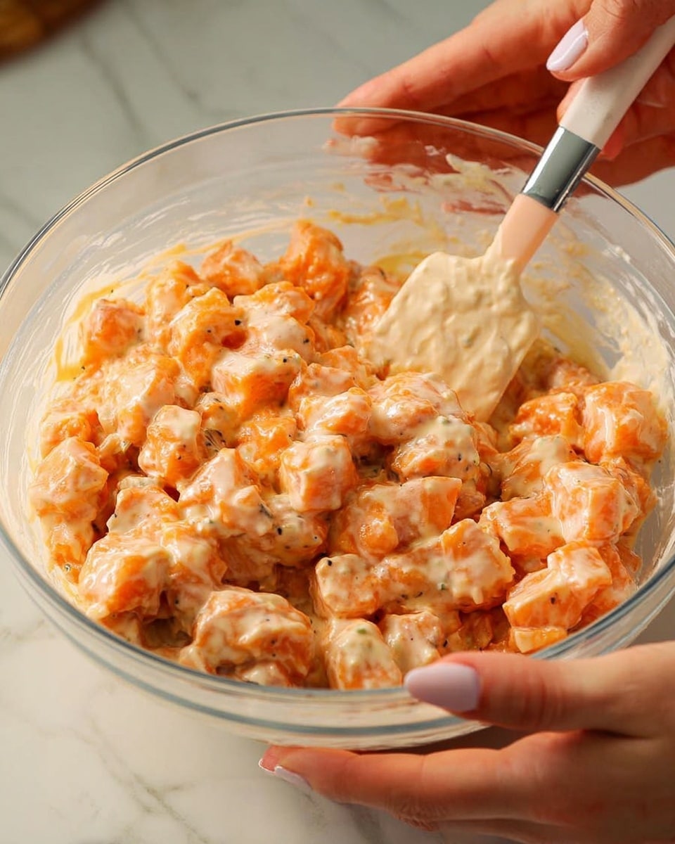 A clear glass bowl filled with small, orange cubes of raw fish mixed in a creamy, light beige sauce, giving a shiny and smooth texture to the dish. The bowl is being held by a woman's hand with long, manicured nails and another woman's hand is holding a light peach-colored spatula with a silver handle, stirring the mixture gently. The background is a white marbled surface, softly lit to highlight the fresh and creamy texture of the dish. photo taken with an iphone --ar 4:5 --v 7