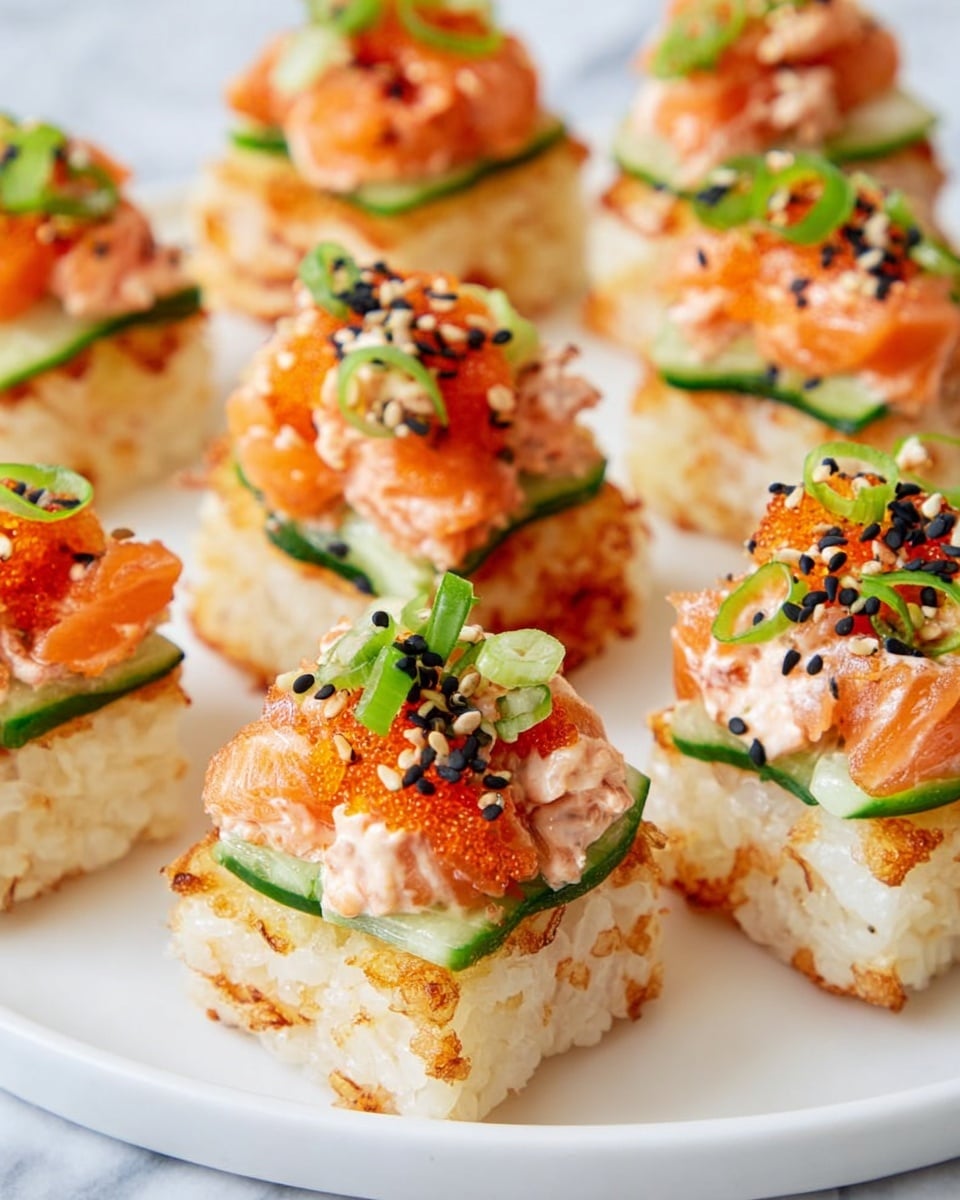 The image shows small square sushi bites arranged on a white plate over a white marbled surface. Each bite has three layers: the bottom layer is golden-brown crispy rice with a slightly rough texture, the middle layer is a thin slice of light green cucumber, and the top layer is a mix of small, orange salmon chunks coated in a creamy white sauce. The salmon topping is sprinkled with thin chopped green onion rings and a mix of black and white sesame seeds that add extra texture. The sushi pieces are tightly packed and the colors contrast nicely, giving a fresh and appetizing look. Photo taken with an iphone --ar 4:5 --v 7