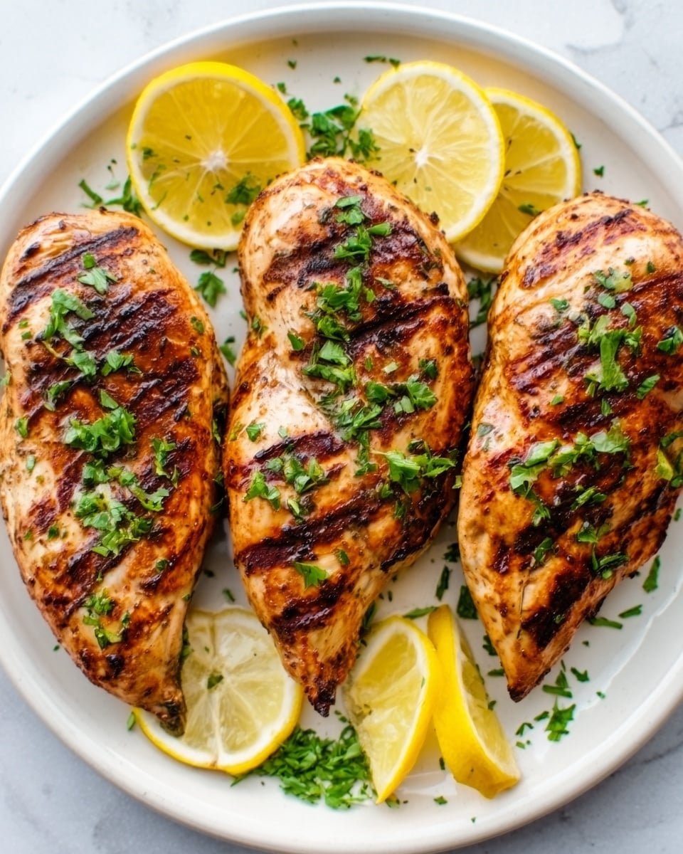 Three grilled chicken pieces with visible dark grill marks are placed side by side on a white plate. Each piece is topped with fresh chopped green herbs, spread evenly for color contrast. Around the chicken, there are several thin lemon slices and lemon wedges, some leaning against the chicken and others resting flat on the plate. The plate is set on a white marbled surface. photo taken with an iphone --ar 4:5 --v 7