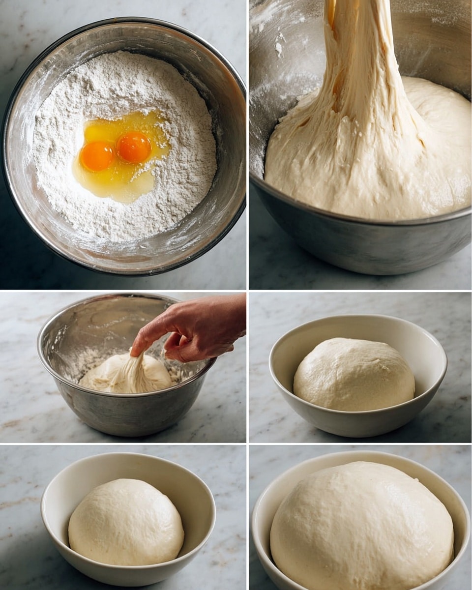 The image shows six stages of dough making. The first image in the top left corner has a silver bowl with white flour, a yellow egg yolk, and some white liquid in the center. The second image in the top right corner shows sticky, light beige dough being mixed in the silver bowl. The third and fourth images in the middle row show a woman's hand pulling soft and stretchy dough inside the silver bowl, highlighting the dough’s smooth and glossy texture. The bottom row shows two white bowls with dough inside; the left bowl has a smaller, smooth ball of dough, and the right bowl shows the dough after rising, doubled in size with a soft, round shape. The background is a white marbled surface. Photo taken with an iphone --ar 4:5 --v 7