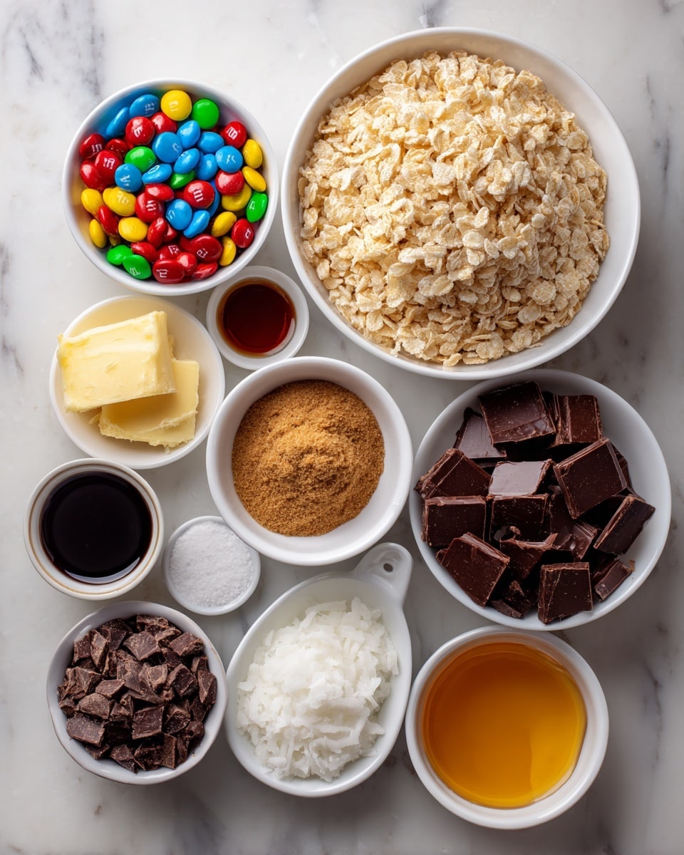 The image shows nine small white bowls and a white measuring cup arranged on a white marbled surface, each filled with different ingredients. From the top left, one bowl holds colorful mini M&M’s, next to a large bowl filled with light tan crisped rice cereal. Below is a bowl with old-fashioned oats, and a small bowl with dark brown vanilla extract nearby. A medium bowl contains light brown brown sugar, accompanied by a small bowl with white salt. A small bowl of white butter sits next to another small bowl with white coconut oil. A white measuring cup is filled with small dark brown chocolate pieces, and finally, a bowl holds golden honey. All ingredients are neatly separated and clearly visible. photo taken with an iphone --ar 4:5 --v 7