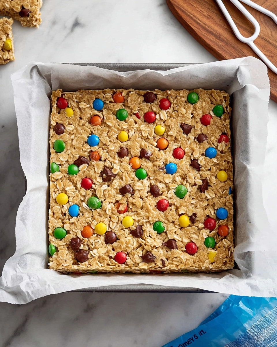 A square baking pan lined with crinkled white parchment paper holds a single thick layer of oat and cereal mixture, with small colorful candy-coated chocolates scattered evenly across the surface. The oat layer is light beige with a rough texture of oats and cereal flakes, while the candies add pops of red, green, blue, yellow, orange, and brown colors. The pan is placed on a white marbled surface with a wooden cutting board partially visible in the upper right corner and some blue scissors and a white utensil near the bottom edge. Photo taken with an iphone --ar 4:5 --v 7