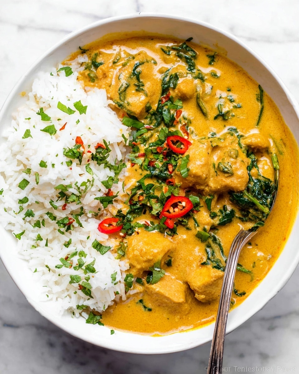 A white bowl filled with a creamy yellow curry with chunks of a white protein and bits of green leafy vegetables mixed in. The curry has a smooth, thick texture with specks of fresh green herbs scattered on top. On one side of the bowl, there is a pile of white rice with individual grains clearly visible, sprinkled with chopped green herbs and small slices of red chili. A spoon is partially submerged in the curry near the rice. The bowl rests on a white marbled surface. photo taken with an iphone --ar 4:5 --v 7