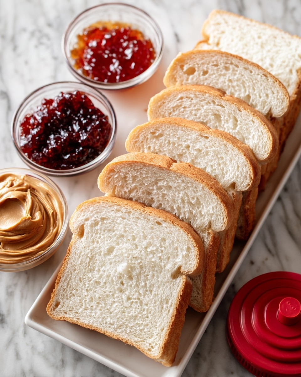 A white rectangular plate holds ten slices of white bread stacked neatly in two rows, showing soft and light tan crusts with a fluffy white interior. To the left on a white marbled surface, there are three small clear bowls arranged vertically: the top bowl contains shiny, reddish jelly or jam with a smooth texture, the middle bowl has chunky dark red jam with visible fruit pieces, and the bottom bowl is filled with creamy light brown peanut butter with swirled peaks. A red round sandwich sealer sits on the top right corner next to the bread. The photo was taken with an iphone --ar 4:5 --v 7