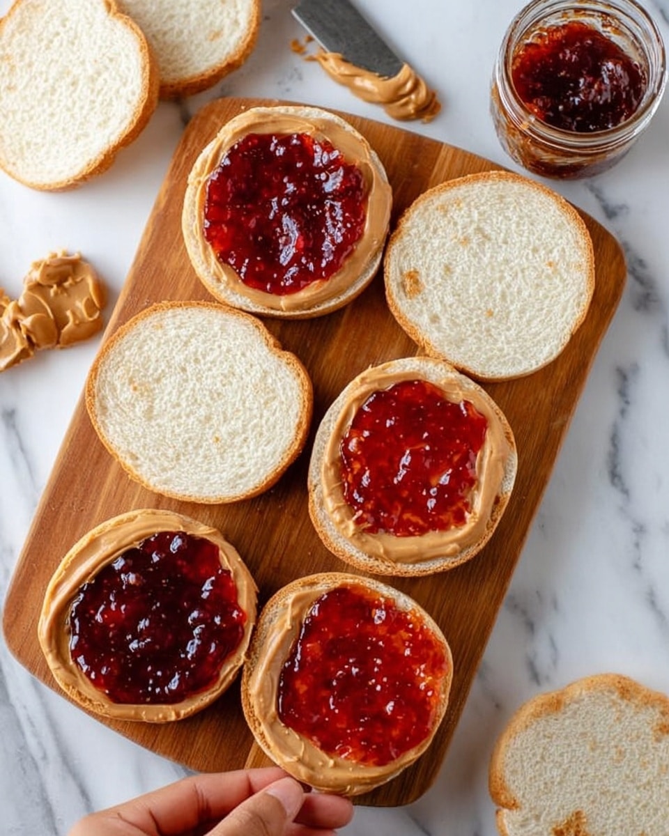 The image shows six round sandwich halves arranged on a wooden board over a white marbled surface. Each sandwich has two layers: the bottom layer is white bread topped with either a glossy red jelly or smooth light brown peanut spread, while the top layer is a plain white bread circle covering half the sandwiches. The jelly has a shiny, slightly chunky texture with visible fruit pieces, and the peanut spread is smooth with a matte finish. Around the board are slices and scraps of white bread and a jar of jelly with a silver knife that has some peanut spread on its blade. A woman's hand is about to pick up one sandwich from the board. Photo taken with an iphone --ar 4:5 --v 7