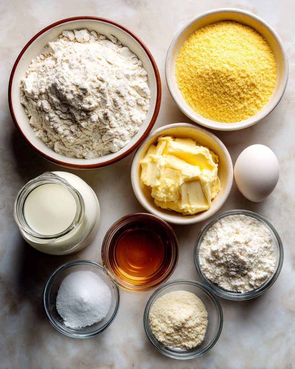 The image shows ingredients for a recipe arranged neatly on a white marbled surface. There are three white bowls with a thin brown rim: one filled with white flour on the left, one with yellow cornmeal on the right, and one with melted yellow butter in the center. Below these are a small glass jar with white milk on the left, a whole white egg in the center, and a small glass jar with brown honey on the right. In front of these, there are four small clear glass bowls, each holding a different powder or paste: sourdough discard (light beige), sea salt (white crystals), baking powder (white powder), and baking soda (white powder). Each ingredient is labeled clearly in black text on white tags. Photo taken with an iphone --ar 4:5 --v 7