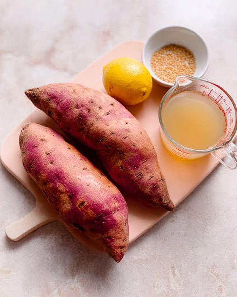 The image shows two large sweet potatoes with reddish-brown skin placed on a light pink cutting board. Next to the sweet potatoes, there is a white bowl filled with a small amount of sesame seeds. Beside the bowl is a whole bright yellow lemon. To the right, there is a transparent measuring cup filled with a light beige liquid. The whole setup is on a white marbled surface. The lighting is soft and natural, making the colors of the ingredients stand out clearly. photo taken with an iphone --ar 4:5 --v 7