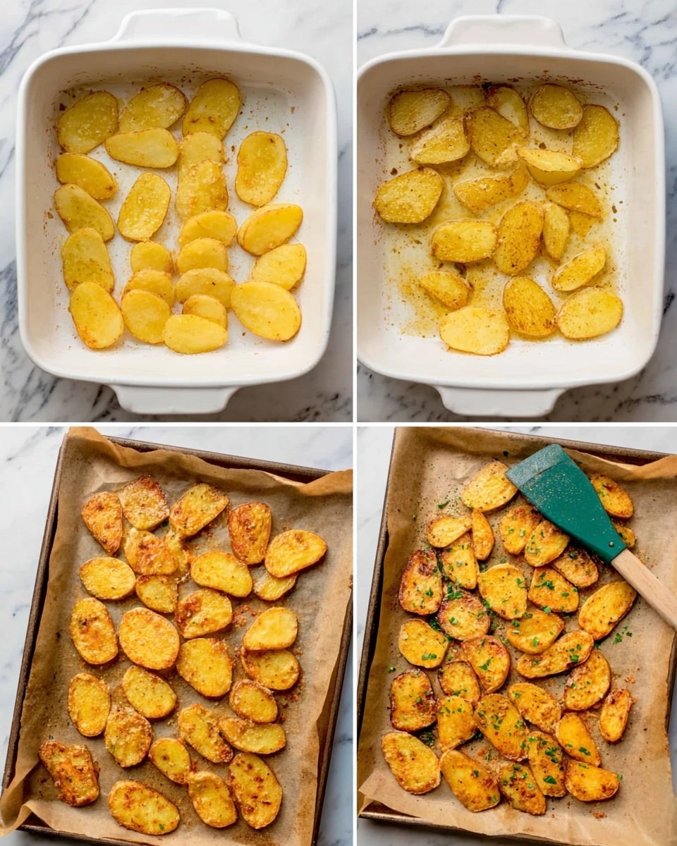 The image shows a sequence of four close-up photos of potato slices prepared in different stages. The first photo features many pale yellow potato slices arranged flat and spaced in a white square baking dish, placed on a white marbled surface. The second photo is similar but the potato slices are covered with oil or seasoning, making them glisten with more yellow and light brown hues inside the same white baking dish. The third photo shows these slightly cooked potato slices spread out on beige baking paper on a tray, with a more intense yellow color and some edges turning a faint brown. The fourth photo displays the final roasted potato slices on the same baking paper, now golden orange and crisped with flecks of green herbs scattered on top, and a green spatula partially visible beside them. Photo taken with an iphone --ar 4:5 --v 7