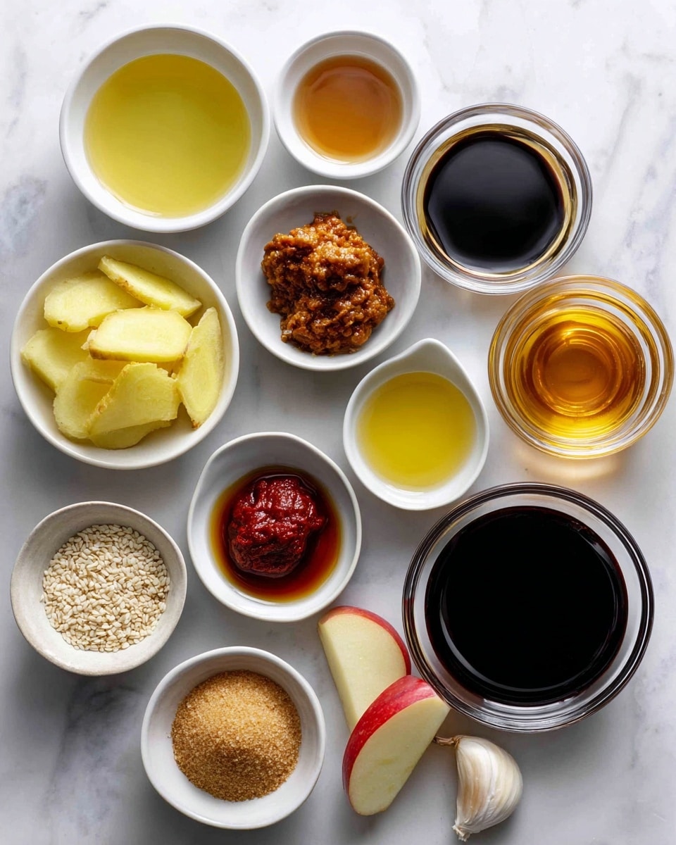 The image shows a top-down view of various small white bowls and ingredients placed neatly on a white marbled surface. There are fourteen distinct items arranged in a loose grid: lemon juice in a white bowl with clear liquid, light yellow ginger slices on a white bowl, dark brown red miso paste in a white bowl, pale yellow sesame oil in a white bowl, light brown mirin in a white bowl, white sesame seeds in a white bowl, dark red gochujang paste in a white bowl, a single peeled garlic clove and a small piece of onion placed side by side, a thin slice of red apple resting on the surface, a glass bowl filled with brown sugar, a small white bowl with bright golden honey, and a large glass bowl containing dark soy sauce. Each ingredient is labeled with pink and white text. The overall look is clean and organized with natural light, photo taken with an iphone --ar 4:5 --v 7