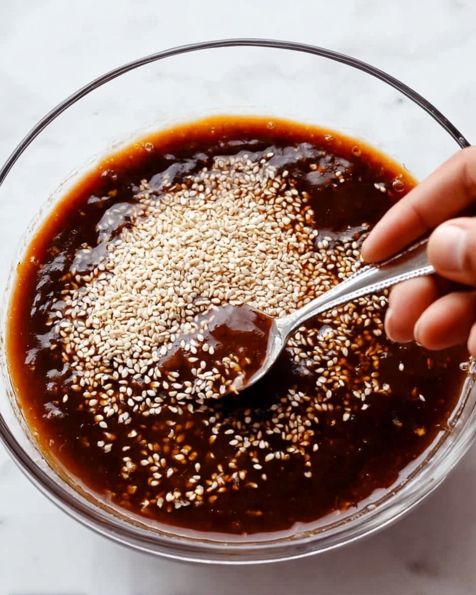 A clear glass bowl filled with a thick, dark brown sauce. On top of the sauce, there is a layer of white sesame seeds being stirred by a spoon held by a woman's hand on the right side of the bowl. The bowl is placed on a white marbled surface. The spoon is shiny and silver, partially covered with sesame seeds as it moves through the sauce. Photo taken with an iphone --ar 4:5 --v 7