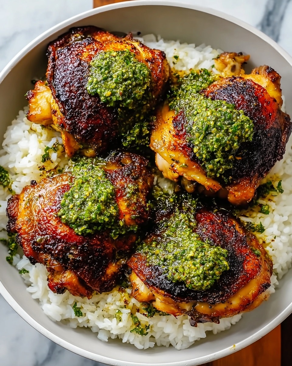 A black bowl filled with a base layer of white rice that looks soft and fluffy, topped evenly with a bright green herb sauce that pools around the rice. On top of this, there are five browned, crispy chicken thighs with a rich golden-brown and dark charred skin, each sprinkled with small bits of fresh green herbs. The chicken pieces are arranged closely together, showing slight glistening from the sauce underneath. The whole dish is placed on a white marbled surface. Photo taken with an iphone --ar 4:5 --v 7