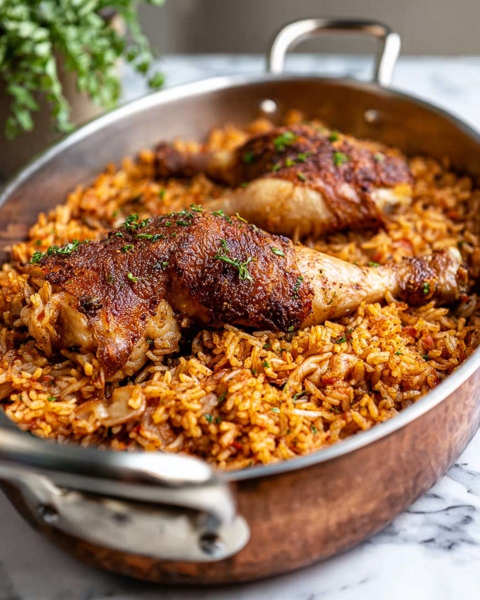 The image shows a large copper-colored roasting pan filled with cooked seasoned rice that has reddish and orange tones and a slightly textured look with small bits visible throughout. On top of the rice, there are two pieces of dark golden brown roasted chicken legs with a crispy outer skin and sprinkled with green herb bits. The roasting pan has shiny metal handles and is placed on a white marbled surface. In the blurred background, there are some green plants that add a soft touch to the scene. Photo taken with an iphone --ar 4:5 --v 7