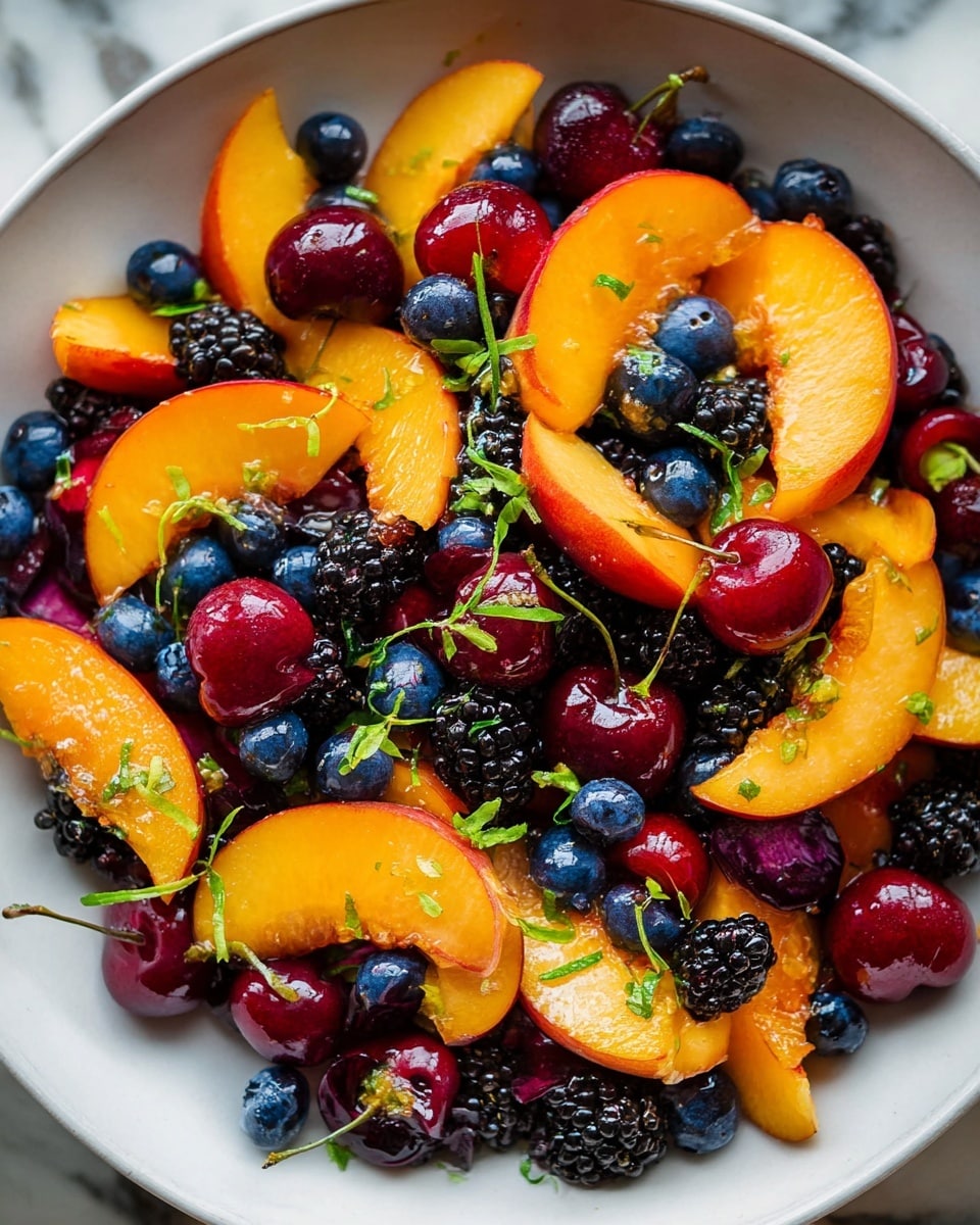 A close-up of a white bowl filled with a colorful layered fruit salad. The bottom layer has bright orange peach slices, thin and shiny with smooth skin. Scattered around are deep red cherry halves, some still attached to small green stems, adding a glossy texture. Mixed throughout are plump blue blueberries, small and round with a matte finish. Blackberries, bigger and bumpy, form another layer, their dark purple-black color contrasting nicely. Small green sprigs of fresh herbs are sprinkled on top, adding a light green touch against the rich fruit colors. The bowl sits on a white marbled surface. photo taken with an iphone --ar 4:5 --v 7