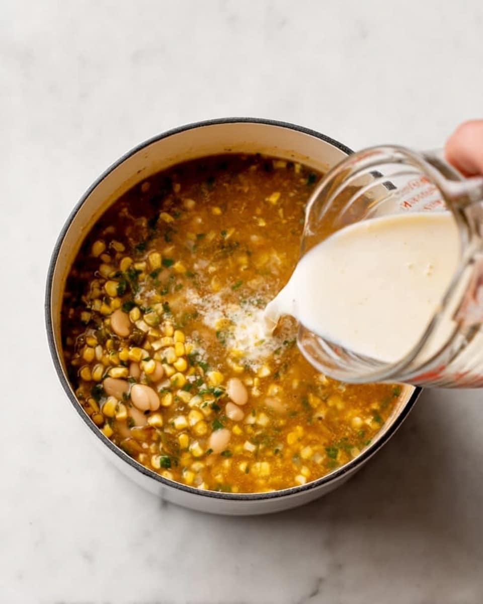 The image shows a white pot filled with a thick soup mixture containing visible corn kernels, white beans, and green herbs in a light brown broth. A woman's hand is pouring a creamy white liquid from a glass measuring cup into the pot, creating a slight splash and mixing with the soup. The pot is placed on a white marbled surface, creating a clean and bright background. The photo is taken from above, focusing on the action in the pot. Photo taken with an iphone --ar 4:5 --v 7