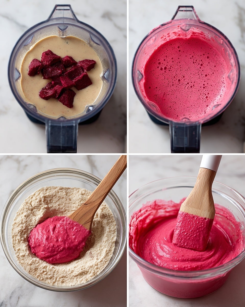 The image shows four steps of making a pink batter. In step 1, a blender holds a layer of beige liquid with whole dark red chunks on top, seen from above. In step 2, the blender now contains a thick, bright pink foam layer with some bubbles on the surface. Step 3 displays a clear glass bowl with two layers: a bottom layer of light beige dry mix, and part of the bright pink liquid from step 2 poured on top, with a wooden spatula resting in the bowl. In step 4, the bowl holds a thick, smooth bright pink batter being stirred by a wooden spatula with a white silicone tip. All images are set on a white marbled surface photo taken with an iphone --ar 4:5 --v 7