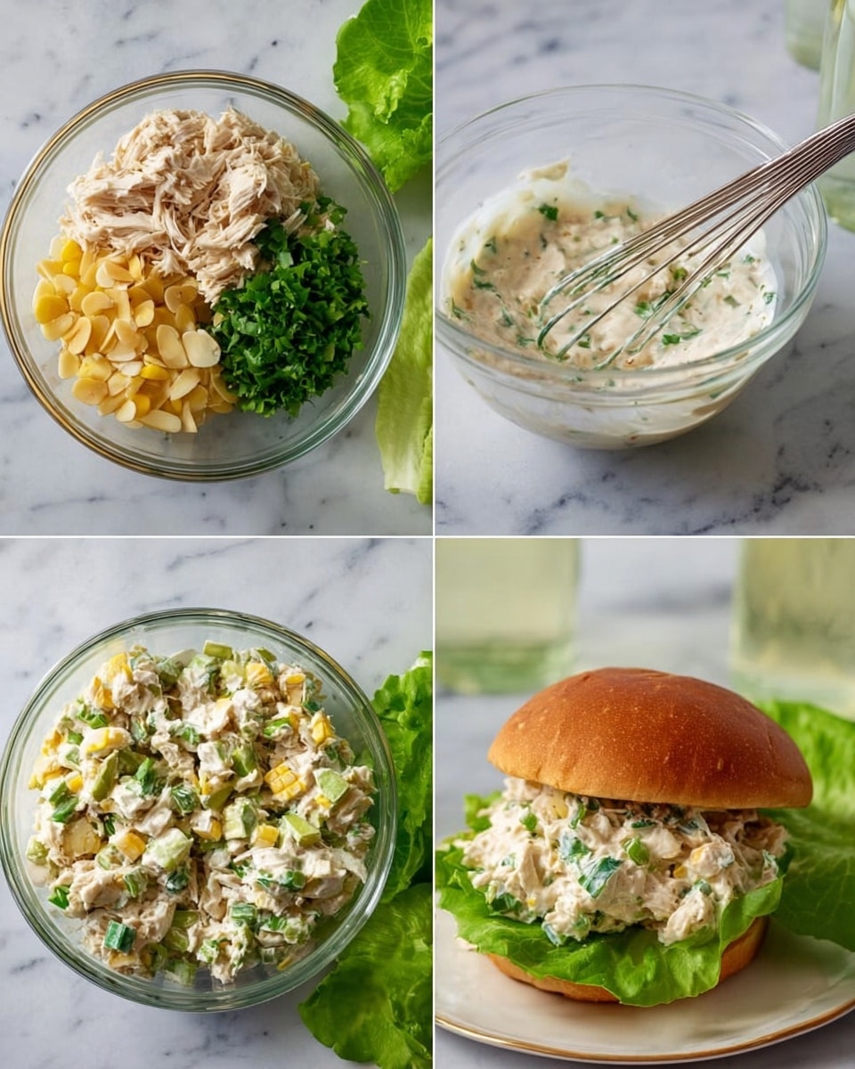 The image shows four steps of making a chicken salad sandwich. In the first step, a clear glass bowl contains four separate layers arranged neatly: shredded chicken in a pale color, green chopped celery, bright yellow chopped pineapple, almond slices in off-white, and fresh chopped green herbs, all placed on a white marbled surface next to green lettuce leaves. The second step displays a clear glass bowl filled with a creamy white dressing with a metal whisk resting inside, also on the white marbled surface with green lettuce around. The third step features the same glass bowl on the white marble background, where the layers are mixed together into a chunky salad with flecks of yellow, green, and light brown, a silver fork stirring the mixture. The fourth step is a sandwich with a golden-brown bun filled with a large scoop of the mixed chicken salad, sitting on a leaf of green lettuce on a white plate, the plate on the same white marbled surface with a glass bottle blurred in the background. The photo taken with an iphone --ar 4:5 --v 7